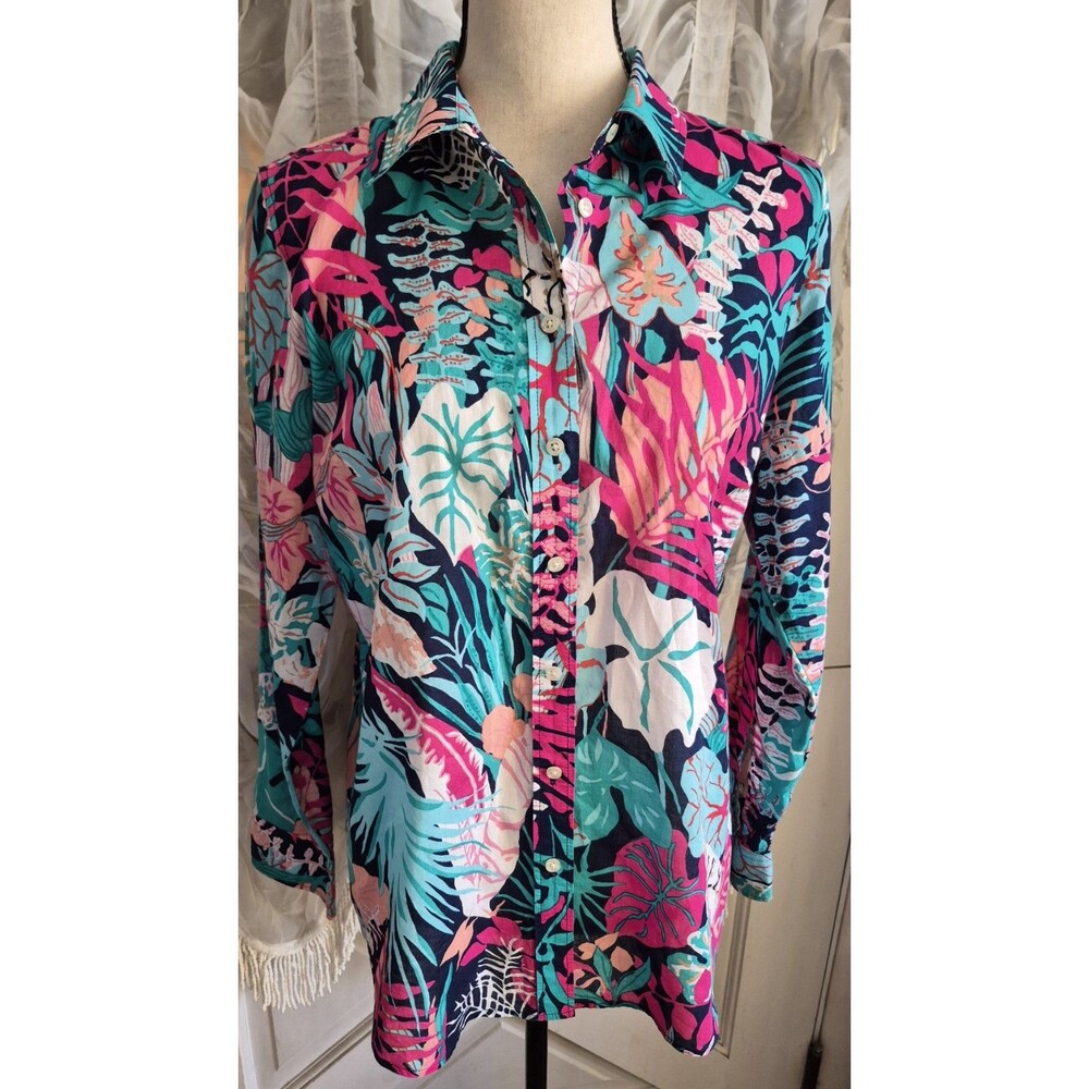 Talbots Button-up Shirt Blouse Size Medium Light Weight Cotton Colorful Tropical